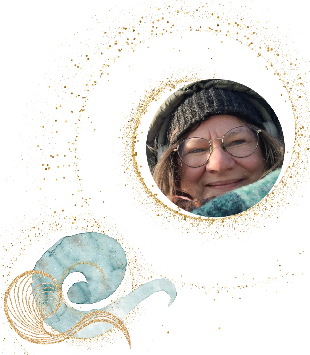 Tanja, umgeben von einer goldenen Spirale und dem Muschelmotiv